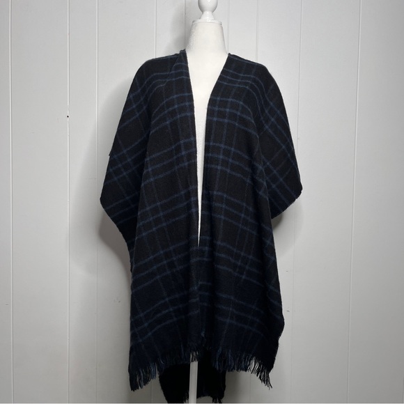 Echo Jackets & Blazers - Echo Wool Blend Plaid Black and Blue Women's Cape with Fringe O/S